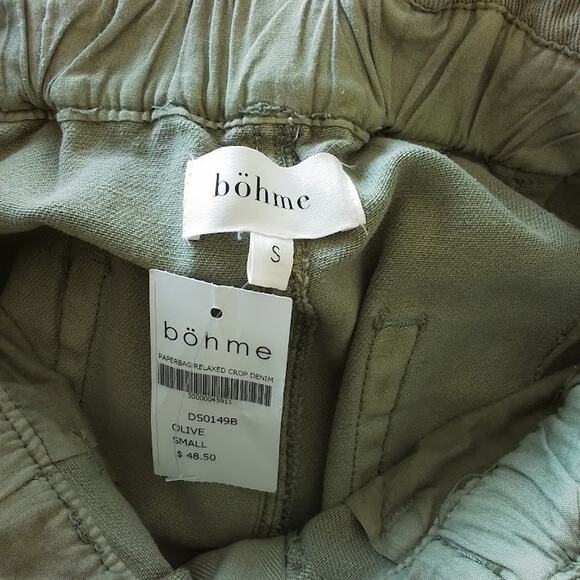 Böhme Paperbag High Rise Relaxed Crop Denim Pants Olive Women’s Small NWT - Picture 1 of 5